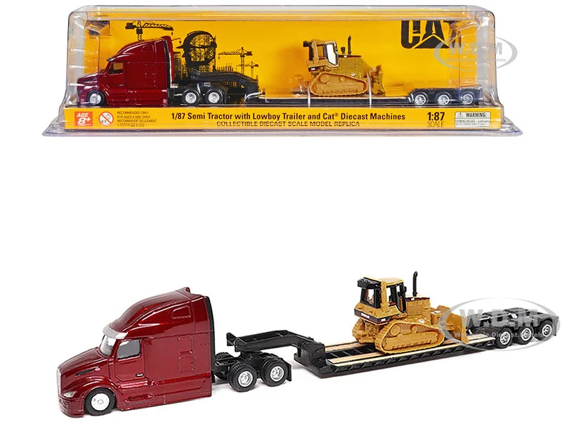 Peterbilt 579 UltraLoft Tandem Tractor Red Metallic with Lowboy Trailer and CAT D5M Dozer Yellow 1/87 (HO) Diecast Model by Diecast Masters - Peterbilt Models