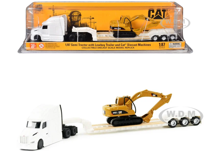 Peterbilt 579 Tractor White with Lowboy Trailer and CAT 315C Excavator Yellow 1/87 (HO) Diecast Model by Diecast Masters - Peterbilt Models