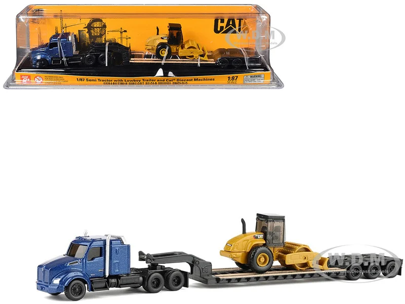 Kenworth T880 Tractor Blue Metallic with Lowboy Trailer and CAT Padfoot Roller Yellow 1/87 (HO) Diecast Model by Diecast Masters - Kenworth Models