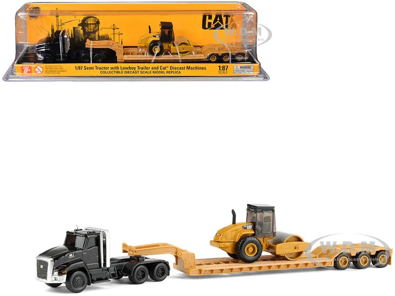 Kenworth T880 Tractor Black with Lowboy Trailer and CAT Roller Yellow 1/87 (HO) Diecast Model by Diecast Masters - Kenworth Models
