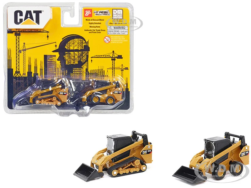 CAT Caterpillar 272D2 Skid Steer Loader Yellow and CAT Caterpillar 297D2 Compact Track Loader Yellow Set of 2 pieces 1/64 Diecast Models by Diecast Masters - Construction Models