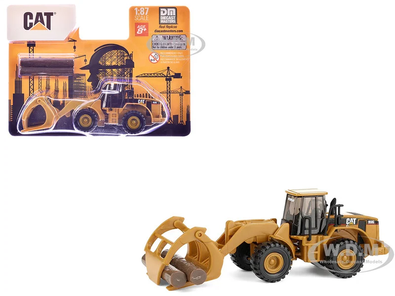 CAT Caterpillar 950G Wheel Loader Yellow with Log Fork and Wood Log Accessories 1/87 (HO) Diecast Model by Diecast Masters - Construction Models