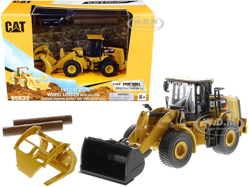 CAT Caterpillar 950M Wheel Loader with Bucket and Log Fork with Two Log Poles "Play & Collect!" 1/64 Diecast Model by Diecast Masters - Construction Models