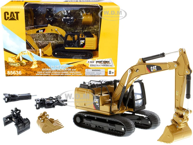 CAT Caterpillar 320F L Hydraulic Tracked Excavator with 5 Work Tools "Play & Collect!" 1/64 Diecast Model by Diecast Masters - Construction Models