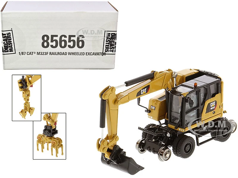 CAT Caterpillar M323F Railroad Wheeled Excavator with 3 Accessories (CAT Yellow Version) "High Line" Series 1/87 (HO) Diecast Model by Diecast Masters - Construction Models