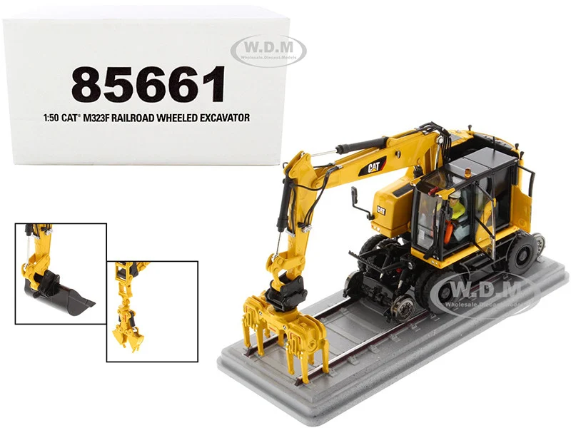 CAT Caterpillar M323F Railroad Wheeled Excavator with Operator and 3 Work Tools Safety Yellow Version "High Line Series" 1/50 Diecast Model by Diecast Masters - Construction Models