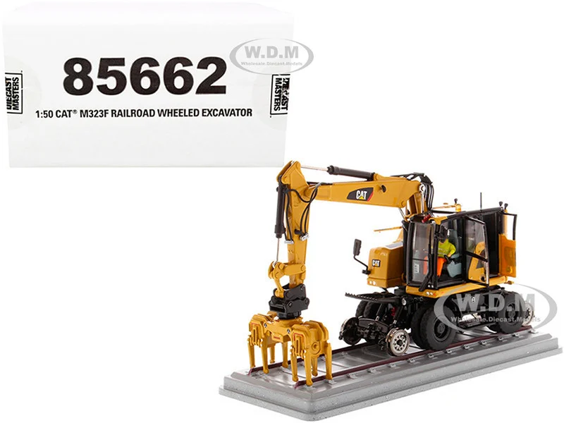 CAT Caterpillar M323F Railroad Wheeled Excavator with Operator and 3 Work Tools (CAT Yellow Version) "High Line Series" 1/50 Diecast Model by Diecast Masters - Construction Models