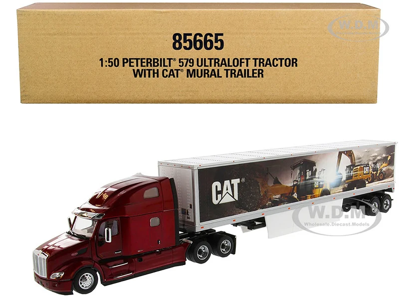 Peterbilt 579 UltraLoft Truck Tractor Red with "CAT Caterpillar" Mural Dry Van Trailer "Transport Series" 1/50 Diecast Model by Diecast Masters - Peterbilt Models
