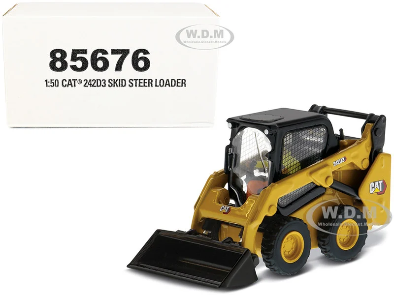 CAT Caterpillar 242D3 Wheeled Skid Steer Loader with Work Tools and Operator Yellow "High Line Series" 1/50 Diecast Model by Diecast Masters - Construction Models