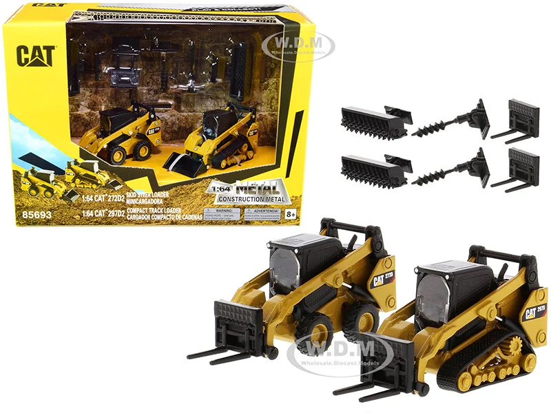 Set of 2 pieces CAT Caterpillar 272D2 Skid Steer Loader and CAT Caterpillar 297D2 Compact Track Loader with Accessories 1/64 Diecast Models by Diecast Masters - Construction Models