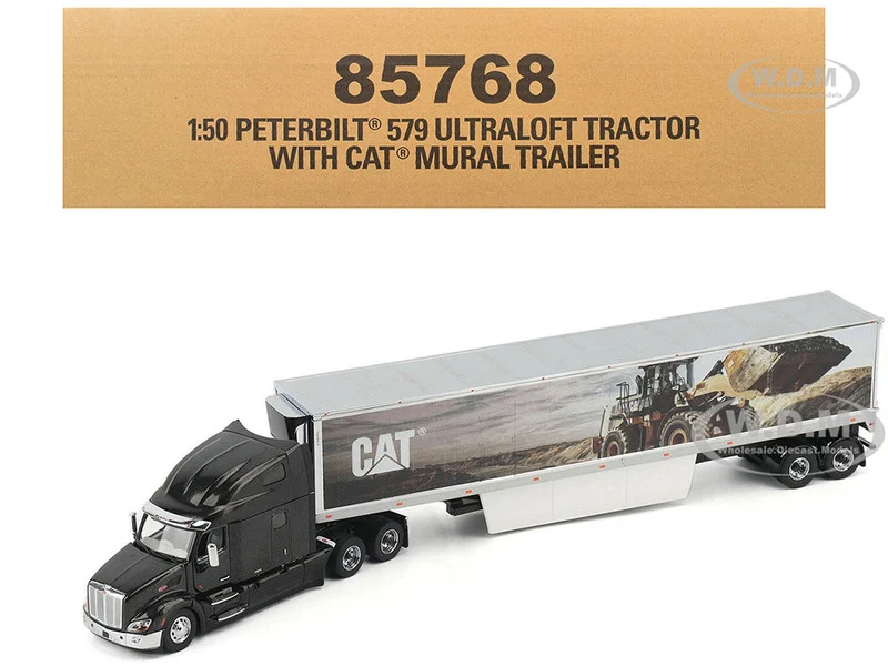 Peterbilt 579 UltraLoft Truck Tractor Black Metallic with "CAT Caterpillar" Mural Trailer "Transport Series" 1/50 Diecast Model by Diecast Masters - Peterbilt Models