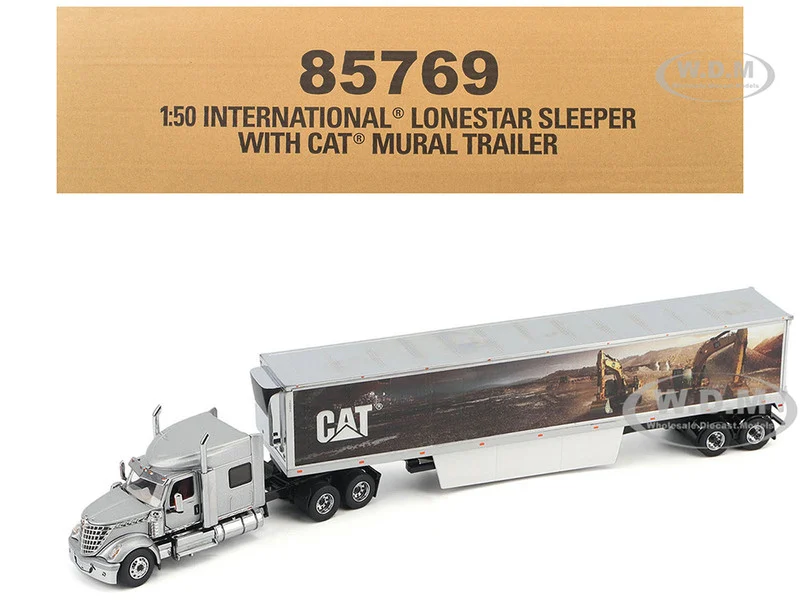 International Lonestar Truck with Sleeper Silver Metallic with "CAT Caterpillar" Mural Trailer "Transport Series" 1/50 Diecast Model by Diecast Masters - International Models