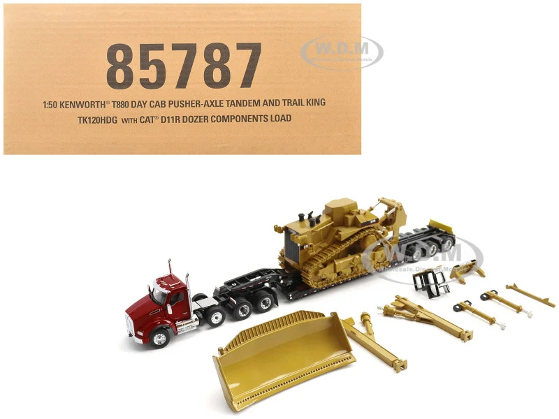 Kenworth T880 Day Cab Red and Trail King TK120 Lowboy Trailer with CAT Caterpillar D11R Dozer and Components Load "Transport Series" 1/50 Diecast Model by Diecast Masters - Kenworth Models