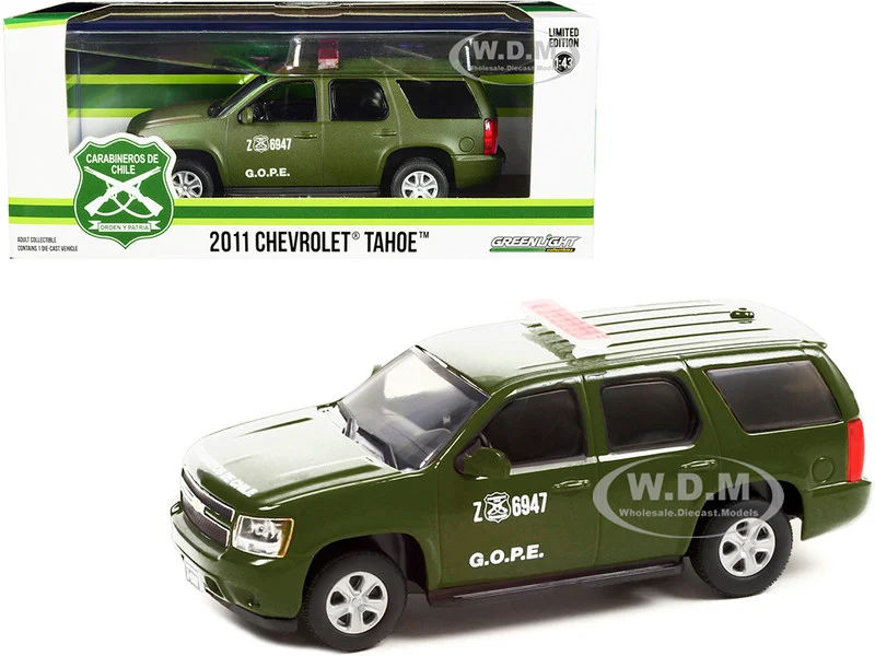 2011 Chevrolet Tahoe Police Car Matt Green "Carabineros de Chile" G.O.P.E. "Grupo de Operaciones Policiales Especiales" 1/43 Diecast Model Car by Greenlight - Chevrolet Models