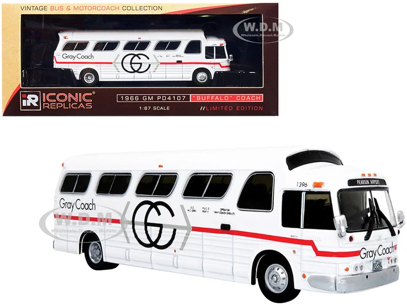 1966 GM PD4107 "Buffalo" Coach Bus "Gray Coach" Destination: "Pearson Airport" Toronto (Ontario, Canada) "Vintage Bus & Motorcoach Collection" 1/87 (HO) Diecast Model by Iconic Replicas - Bus Models