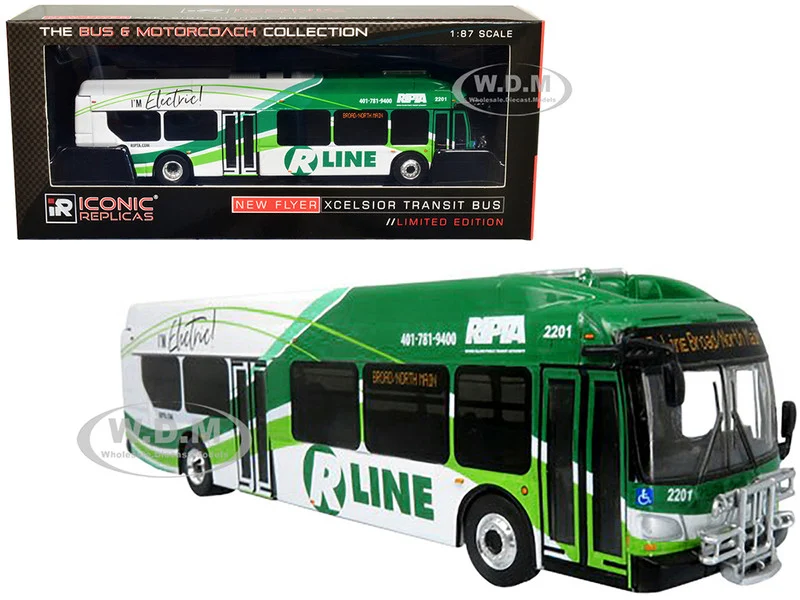 New Flyer Xcelsior Charge NG Electric Transit Bus RIPTA (Rhode Island Public Transit Authority) "R Line Broad/North Main" "The Bus & Motorcoach Collection" 1/87 (HO) Diecast Model by Iconic Replicas - Bus Models
