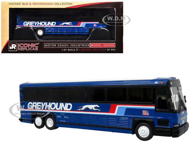 2001 MCI D4000 Coach Bus "Greyhound" Blue with Stripes "Vintage Bus & Motorcoach Collection" Limited Edition to 504 pieces Worldwide 1/87 (HO) Diecast Model by Iconic Replicas - Bus Models