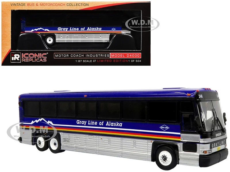 2001 MCI D4000 Coach Bus "Gray Line of Alaska" Dark Blue with Stripes "Vintage Bus & Motorcoach Collection" Limited Edition to 504 pieces Worldwide 1/87 (HO) Diecast Model by Iconic Replicas - Bus Models