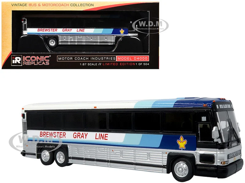 2001 MCI D4000 Coach Bus "Brewster Gray Line" White with Blue Stripes "Vintage Bus & Motorcoach Collection" Limited Edition to 504 pieces Worldwide 1/87 (HO) Diecast Model by Iconic Replicas - Bus Models