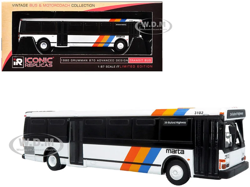 1980 Grumman 870 Advanced Design Transit Bus "MARTA Atlanta" White with Stripes "Vintage Bus & Motorcoach Collection" Limited Edition 1/87 (HO) Diecast Model by Iconic Replicas - Bus Models