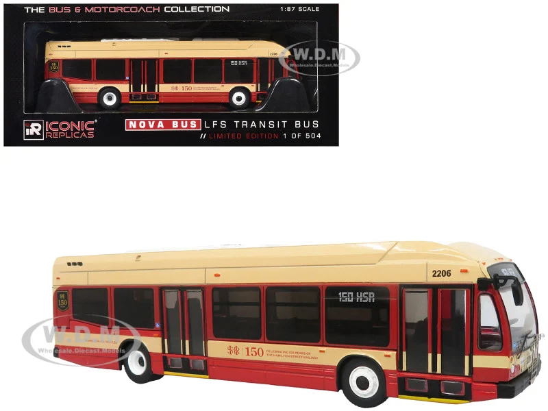 Nova Bus LFS HEV Transit Bus "Hamilton Street Railway 150th Anniversary" Cream and Red "The Bus & Motorcoach Collection" Limited Edition to 504 pieces Worldwide 1/87 (HO) Diecast Model by Iconic Replicas - Bus Models