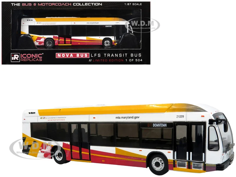 Nova Bus LFSH Hybrid Transit Bus "MTA Maryland" White with Red and Yellow Graphics "The Bus & Motorcoach Collection" Limited Edition to 504 pieces Worldwide 1/87 (HO) Diecast Model by Iconic Replicas - Bus Models