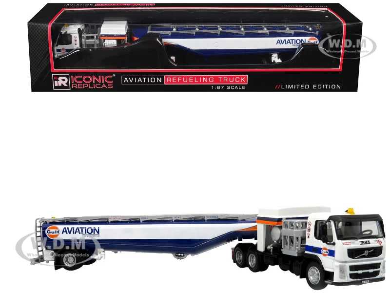 Volvo FM500 with Esterer Aviation Refueling Tanker Truck "Gulf Aviation" White with Blue Stripes Limited Edition 1/87 (HO) Diecast Model by Iconic Replicas - Volvo Models
