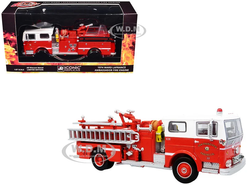 1974 Ward LaFrance Fire Engine "San Francisco Fire Department – Engine 31" Red with White Top "5 Alarm" Series Limited Edition 1/87 (HO) Diecast Model by Iconic Replicas - Fire and Rescue Models