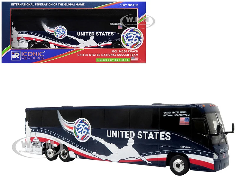 MCI J4500 Coach Bus "United States National Soccer Team" Dark Blue with Graphics "International Federation of the Global Game" Series Limited Edition to 504 pieces Worldwide 1/87 (HO) Diecast Model by Iconic Replicas - Bus Models