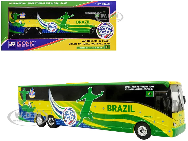 Van Hool CX-45 Coach Bus "Brazil National Football Team" Yellow and Green with Graphics "International Federation of the Global Game" Series Limited Edition to 504 pieces Worldwide 1/87 (HO) Diecast Model by Iconic Replicas