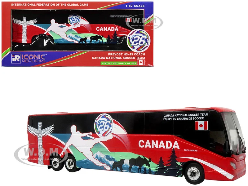 Prevost H3-45 Coach Bus "Canada National Soccer Team" Red with Graphics "International Federation of the Global Game" Series Limited Edition to 504 pieces Worldwide 1/87 (HO) Diecast Model by Iconic Replicas
