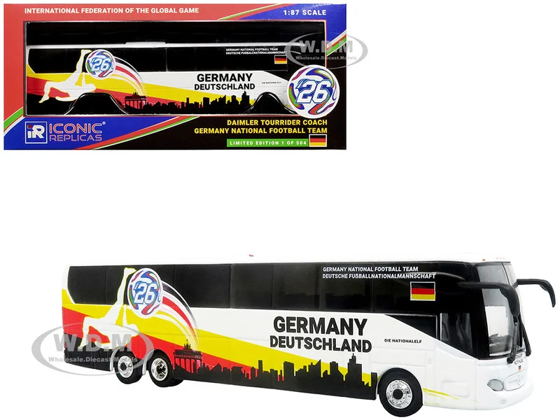 Daimler Tourrider Coach Bus "Germany National Football Team" White with Graphics "International Federation of the Global Game" Series Limited Edition to 504 pieces Worldwide 1/87 (HO) Diecast Model by Iconic Replicas - Bus Models