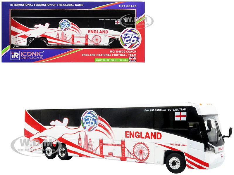 MCI D4520 Coach Bus "England National Football Team" White with Graphics "International Federation of the Global Game" Series Limited Edition to 504 pieces Worldwide 1/87 (HO) Diecast Model by Iconic Replicas - Bus Models
