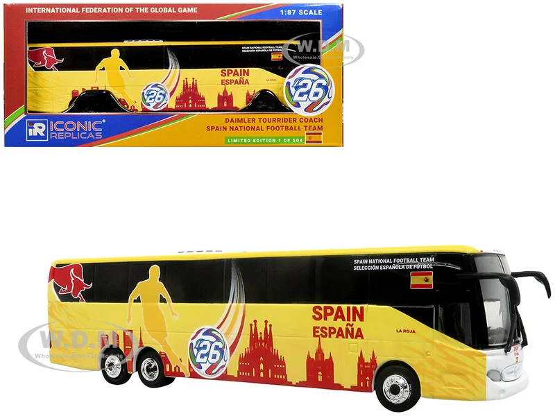 Daimler Tourrider Coach Bus "Spain National Football Team" Yellow with Graphics "International Federation of the Global Game" Series Limited Edition to 504 pieces Worldwide 1/87 (HO) Diecast Model by Iconic Replicas - Bus Models
