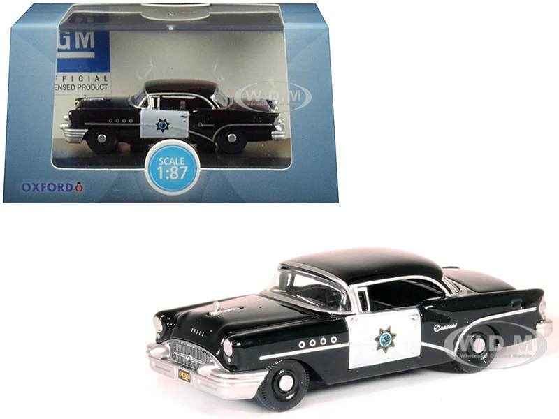 1955 Buick Century "California Highway Patrol" (CHP) Black 1/87 (HO) Scale Diecast Model Car by Oxford Diecast - Police Models