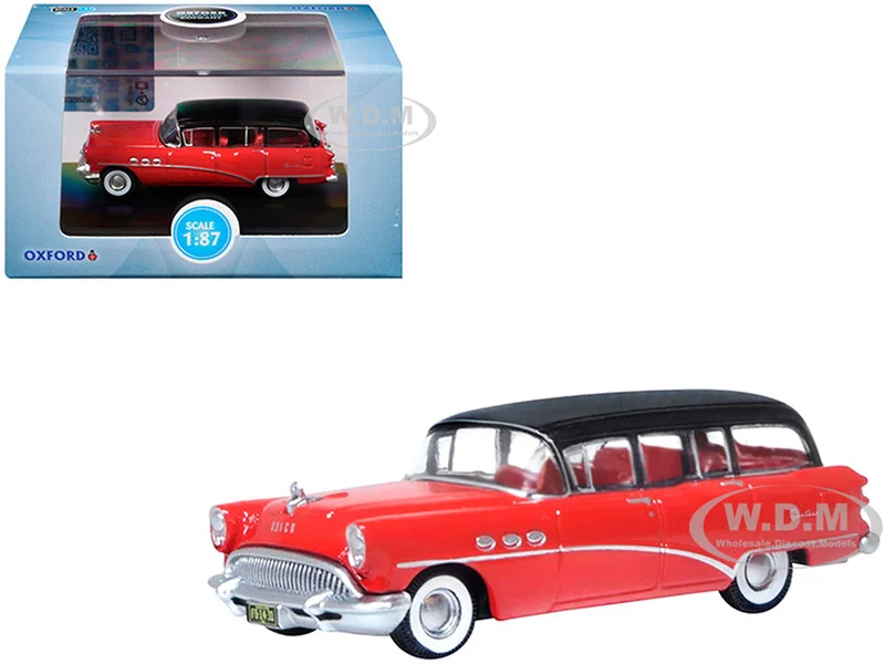 1954 Buick Century Estate Wagon Matador Red and Carlsbad Black with Red Interior 1/87 (HO) Scale Diecast Model Car by Oxford Diecast - Buick Models