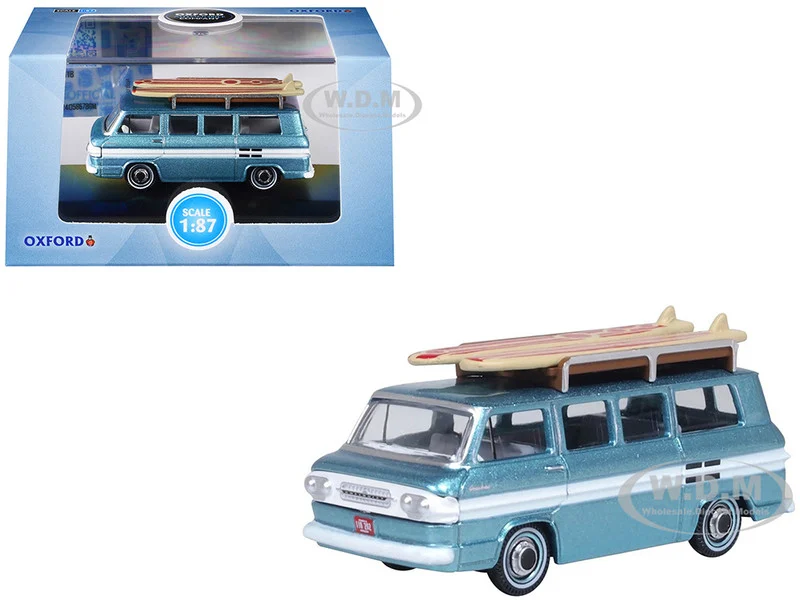 1961 Chevrolet Corvair Greenbrier Passenger Wagon Van Turquoise Metallic and Cameo White with Surfboards on Roof 1/87 (HO) Scale Diecast Model Car by Oxford Diecast - Chevrolet Models