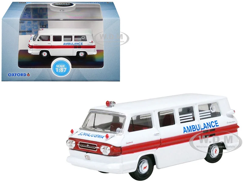 1962 Chevrolet Corvair Greenbrier AmbleWagon Ambulance White with Red Stripes 1/87 (HO) Scale Diecast Model Car by Oxford Diecast - Chevrolet Models