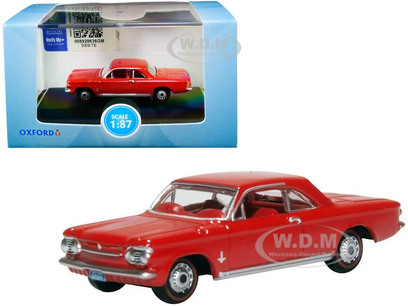 1963 Chevrolet Corvair Coupe Riverside Red with Red Interior 1/87 (HO) Scale Diecast Model Car by Oxford Diecast - Chevrolet Models
