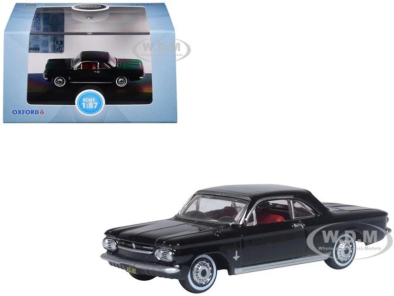 1963 Chevrolet Corvair Coupe Tuxedo Black with Red Interior 1/87 (HO) Scale Diecast Model Car by Oxford Diecast - Chevrolet Models