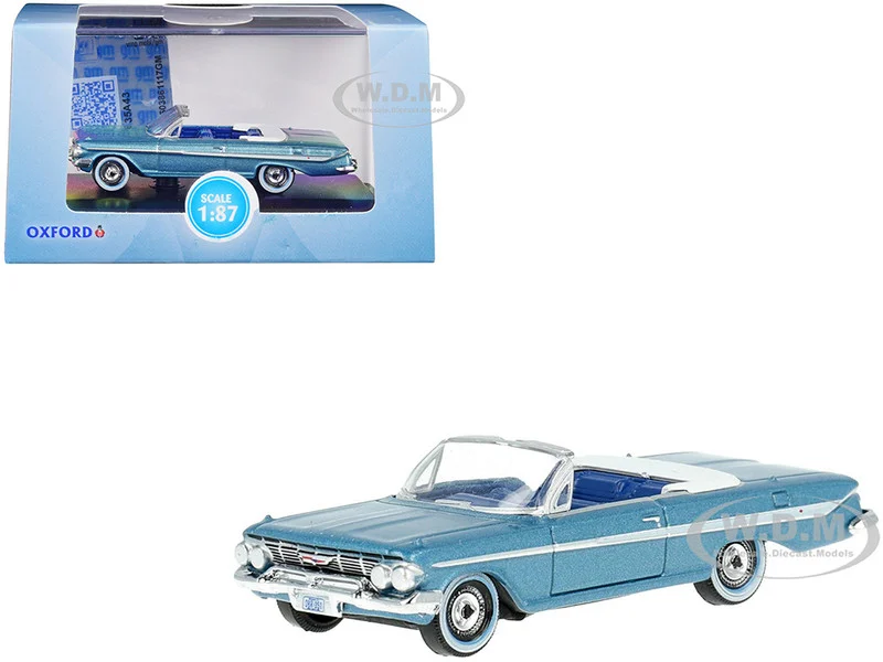 1961 Chevrolet Impala Convertible Jewel Blue Metallic and White with Blue Interior 1/87 (HO) Scale Diecast Model Car by Oxford Diecast - Chevrolet Models