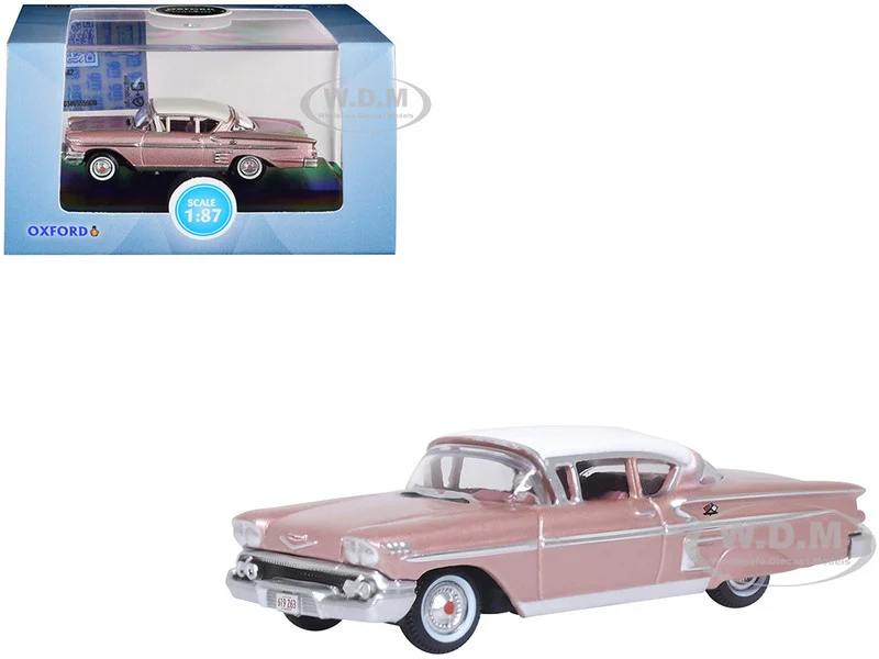 1958 Chevrolet Impala Sport Cay Coral Pink Metallic with White Top 1/87 (HO) Scale Diecast Model Car by Oxford Diecast - Chevrolet Models