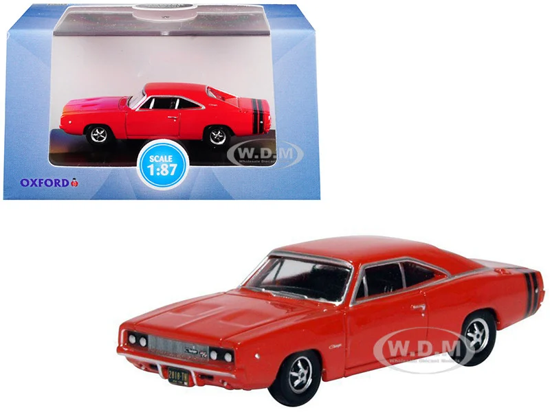 1968 Dodge Charger Bright Red with Black Stripes 1/87 (HO) Scale Diecast Model Car by Oxford Diecast - Dodge Models