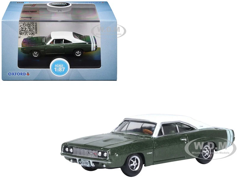 1968 Dodge Charger Racing Green Metallic with White Top and Tail Stripe 1/87 (HO) Scale Diecast Model Car by Oxford Diecast - Dodge Models