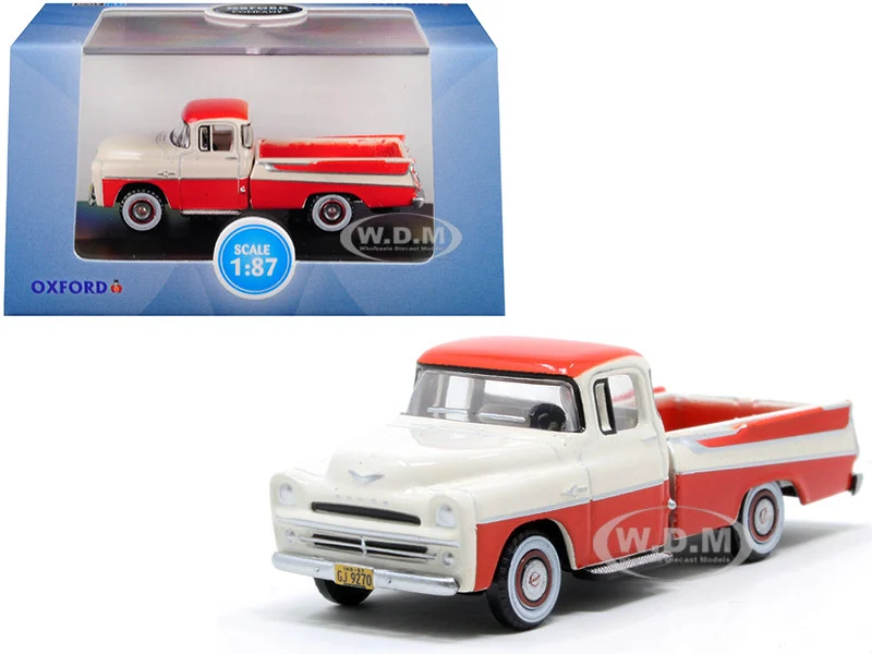 1957 Dodge D100 Sweptside Pickup Truck Tropical Coral and Glacier White 1/87 (HO) Scale Diecast Model Car by Oxford Diecast - Dodge Models
