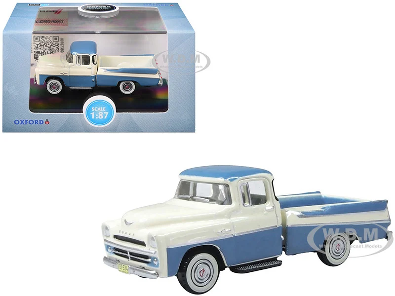 1957 Dodge D100 Sweptside Pickup Truck Ice Blue and Glacier White 1/87 (HO) Scale Diecast Model Car by Oxford Diecast - Dodge Models