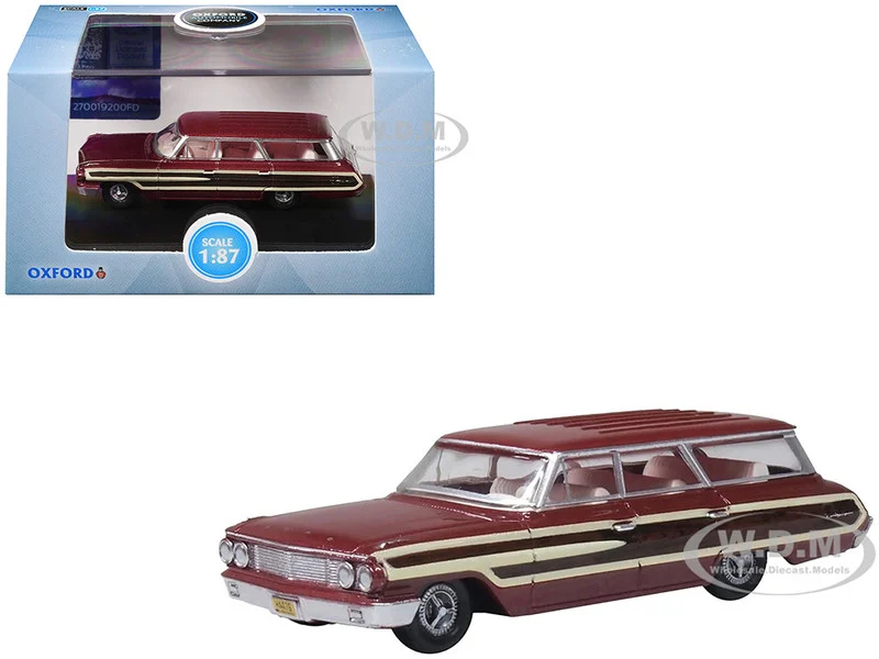 1964 Ford Country Station Wagon Squire Vintage Burgundy with Woodgrain Sides and White Interior 1/87 (HO) Scale Diecast Model Car by Oxford Diecast - Ford Models