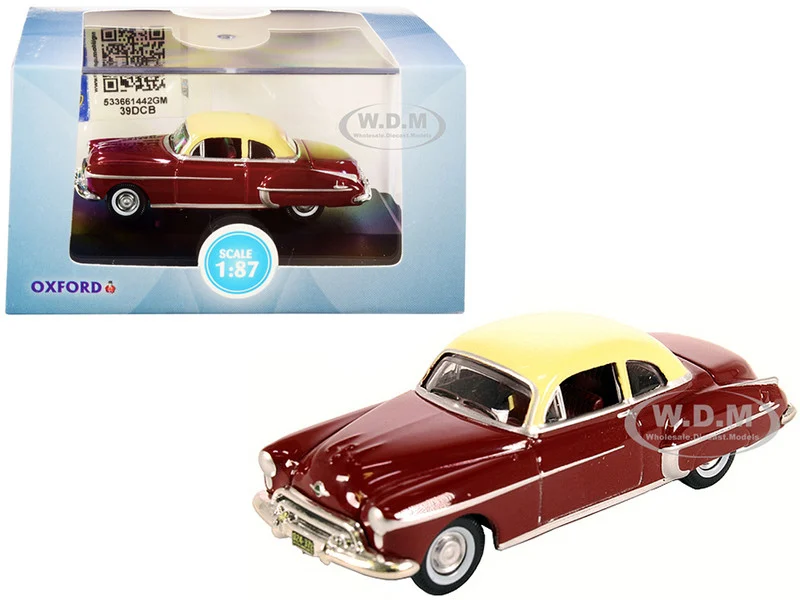 1950 Oldsmobile Rocket 88 Coupe Chariot Red with Canto Cream Top 1/87 (HO) Scale Diecast Model Car by Oxford Diecast - Oldsmobile Models