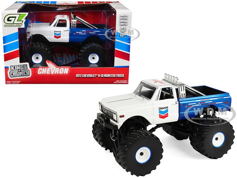 1972 Chevrolet K-10 Monster Truck "Chevron 150th Anniversary" White and Blue Metallic "Kings of Crunch" Series 1/43 Diecast Model Car by Greenlight