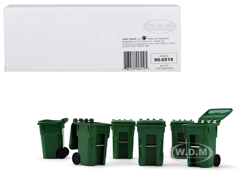 Set of 6 Green Garbage Trash Bin Containers Replica 1/34 Models by First Gear - Accessories